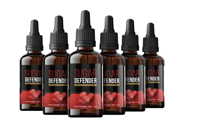 Several Sugar Defender liquid supplement bottles displayed together